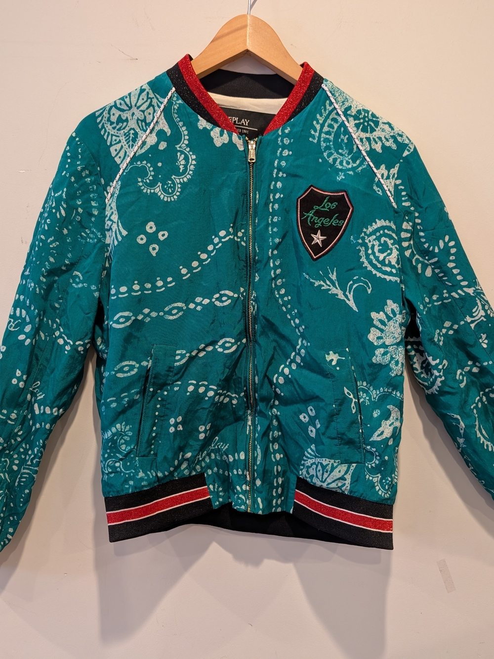 Replay Mens Teal Bomber Jacket M Lightweight Spring Fun Streetwear Los Angeles